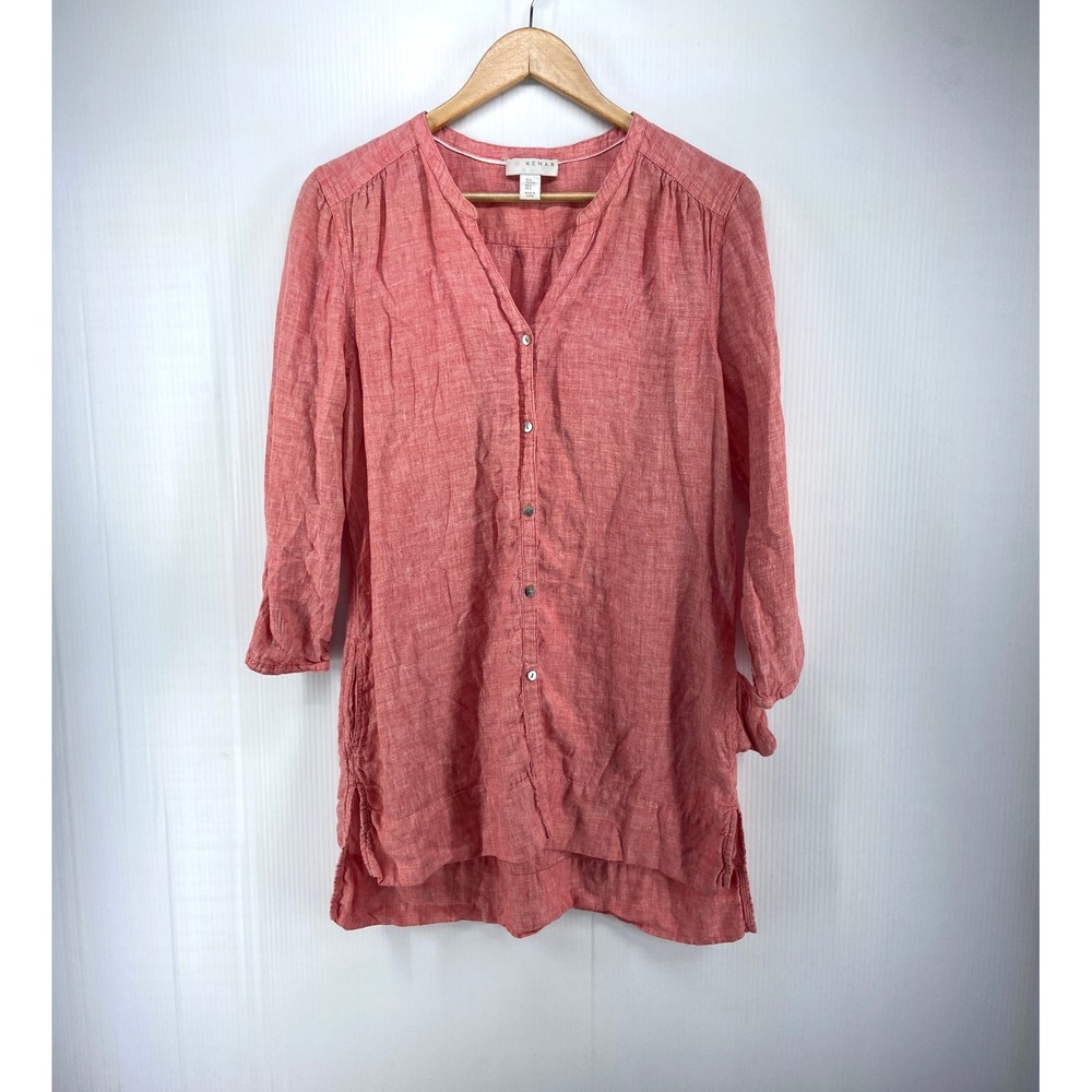 Kenar Linen V Neck Long Sleeve Tunic Shirt‎ Dress Pink Red Womens Large